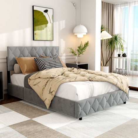 Cama tapizada 140x200 cm funcional con estructura de terciopelo gris OKMYHOME (1/5)