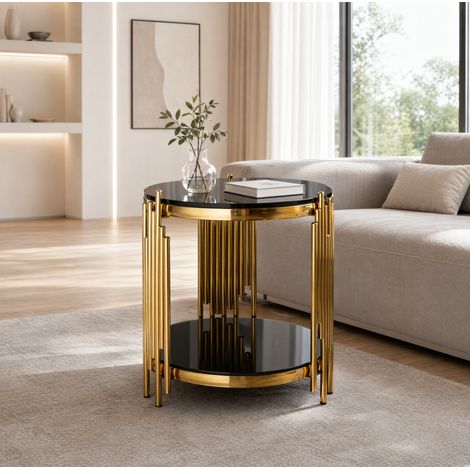 Tavolino rotondo in vetro temperato nero e acciaio inox oro, 2 ripiani, salvaspazio (1/5)