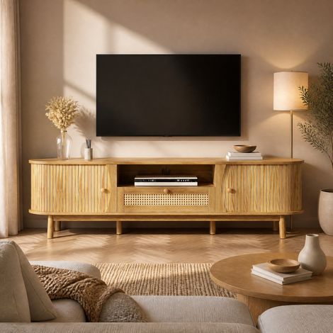 Meuble TV en MDF effet rotin, 165 x 37 x 46 cm, coloris naturel DESVIAE (1/5)
