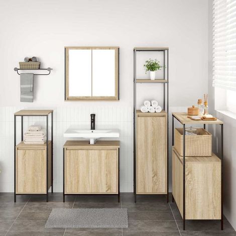 Badezimmermöbel-Set mit Regal 5 pcs Sonoma Eiche und Schwarz