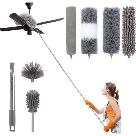Lot de 7 Plumeau Poussière Télescopique Microfibre Nettoyage Kit avec Poignée Inoxydable Lavable Têtes Amovibles Balai Antipoussière pour Plafond Rideau Ventilateur Toiles d'araignée Stores (1/4)