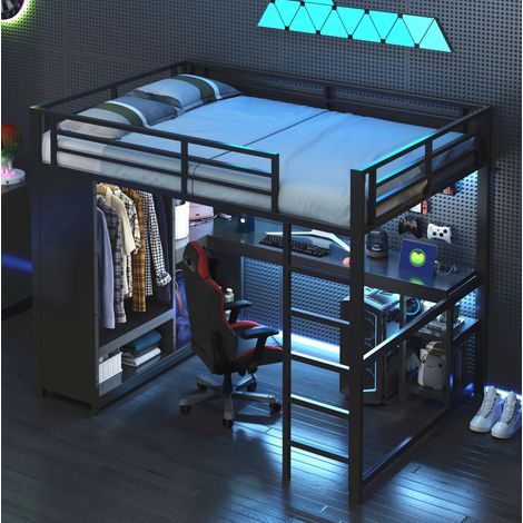 MODFU – Cama alta para adultos 140x200 cm de metal y MDF con LED, escritorio, perchero abierto, estantes, carga 150 kg y 24 lamas – Negro (1/5)