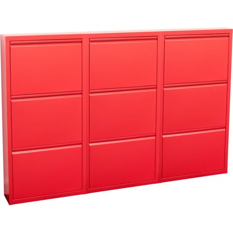 Pisa Armoire à chaussures à 9 rabats/portes en métal, rouge. Livré entièrement monté.