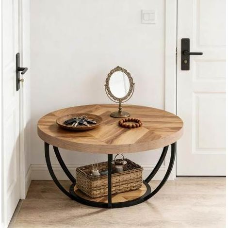 Table basse ronde 2 niveaux, avec effet bois imitation et structure en métal (1/5)
