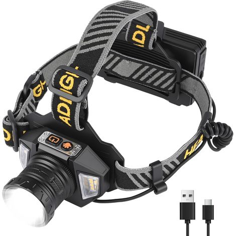 Lampe Frontale Led Ultra Puissante, Rechargeable, Zoomable, Etanche Ip65 avec 8 Modes Déclairage, Réglable à 90° pour Le Camping, La Pêche