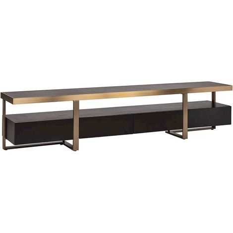 Meuble tv design anthracite avec structure en acier et placage chêne - charbon et doré avec bois foncé (1/5)