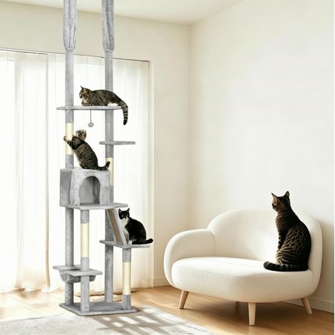 Árbol rascador para gatos (48x48x225 a 255 cm), con nicho, hamaca y rampa, madera aglomerada, peluche y gris claro (1/5)