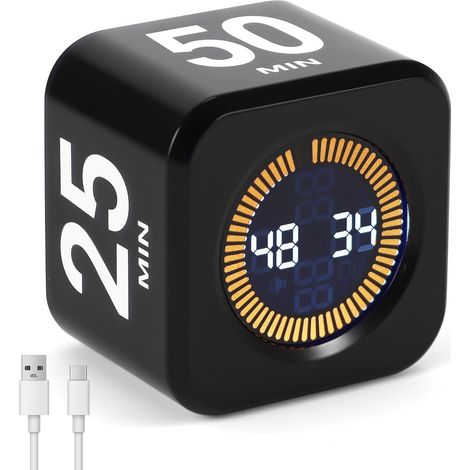 Minuteur rotatif Pomodoro USB-C rechargeable, options 5/10/25/50 min + personnalisé, mode muet ou sonnerie
