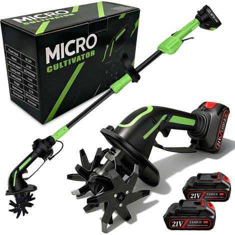 Motobineuse Electrique, 21V Motoculteur avec 2 Batteries 3000mAh et Manche de 1,3m Bineuse Électrique avec 4 Lames Métalliques Largeur de Travail de 10cm Profondeur de Travail de 10cm 235 TR/Min (1/5)