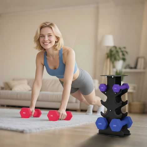 Juego de mancuernas hexagonales de 3 pares con soporte de almacenamiento y agarre antideslizante, de 1 a 5 kg.