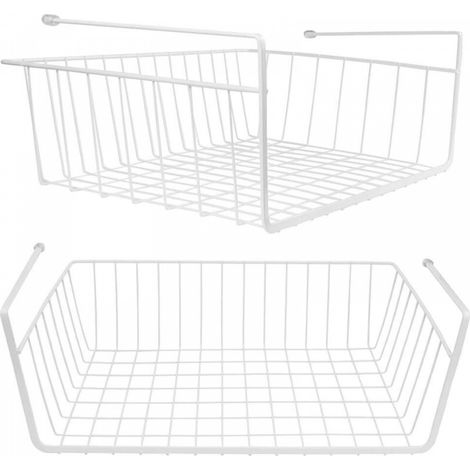 Lot de 2 paniers de rangement suspendus en fil métallique, blancs, pour dessous d'armoires, étagères coulissantes complémentaires pour cuisines, garde-manger, bureaux et étagères (1/4)