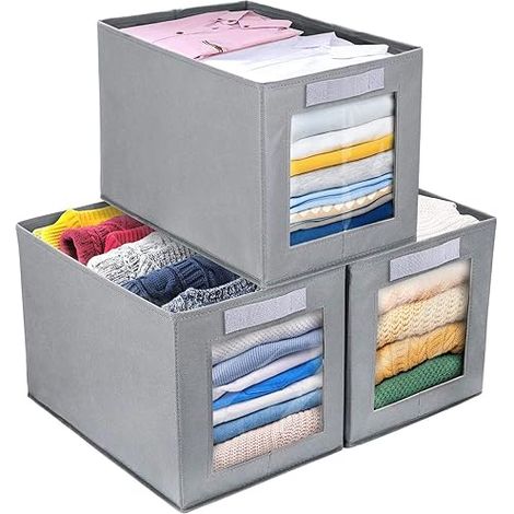 Boite Rangement, 3 Pièces Panier Cube de Rangement Pliables Avec Fenêtre Transparente, Casier Rangement Tissu Carton, Armoire, Tiroir, Gris Clai (1/5)