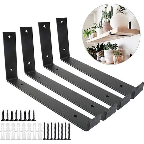 Lot de 4 Supports D'Étagère Noir,Support Flottant rustiques Résistants,Étagères industrielles fer-Pour DIY Décoration Murale en Métal Salon Cuisine Chambre Salle de Bain (10in) (1/5)