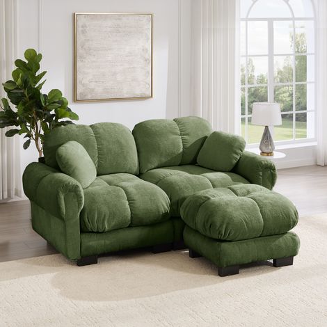 2-Sitzer Ecksofa grün aus Chenille mit beweglicher Ottomane und Steppdetails (1/5)