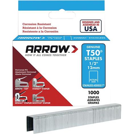 T50 Staples Stainless Steel 508SS 12mm (1/2in) Box 1000 (1/3)