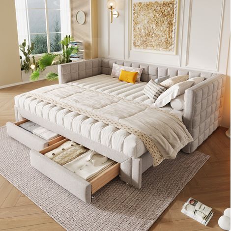Lit de jour moderne 90x200 cm en velours beige, canapé-lit gigogne avec tête de lit carrée et 2 tiroirs (1/5)