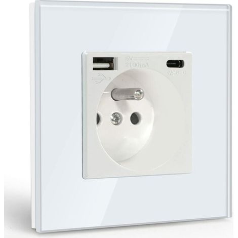 Prise Murale avec USB et 1 Type C,Blanc courant alternatif avec Panneau en verre cristal,Multiprise Murale avec USB(max2.1A),convient à la smartphone,à la tablette NPTERBL (1/5)