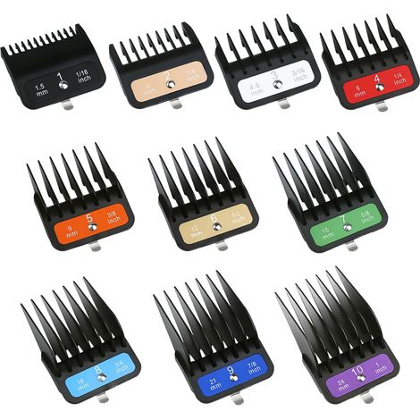 Combs comb set compatible with 10 full size 1/16" to 1" protectors with colored metal clips, for increased cutting performance, gray color. (1/5)