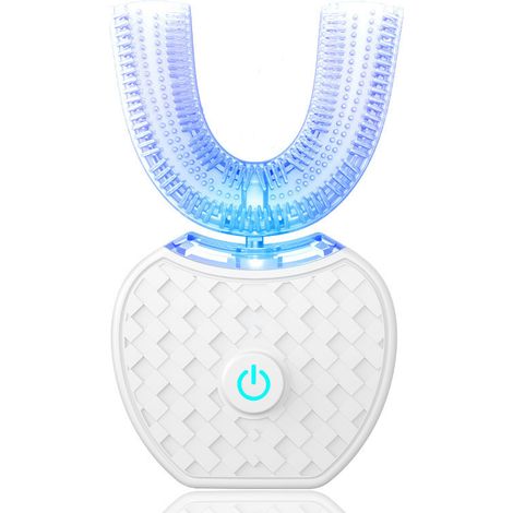 U-shaped sonic toothbrush with replaceable brush heads, suitable for teeth whitening.