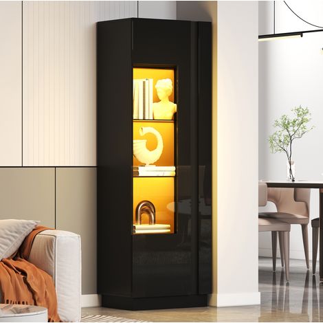 Vitrina alta 60x40x180 cm en aglomerado negro con LED USB para salón - CHICFURN (1/5)