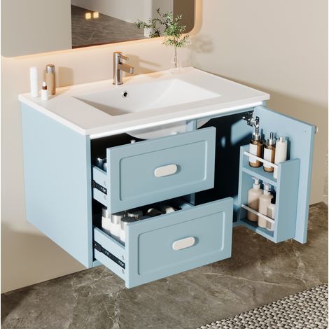 Waschbeckenunterschrank hängend modern blau aus lackiertem MDF mit Keramikwaschbecken, LED-Radarsensor, 2 Schubladen (1/5)
