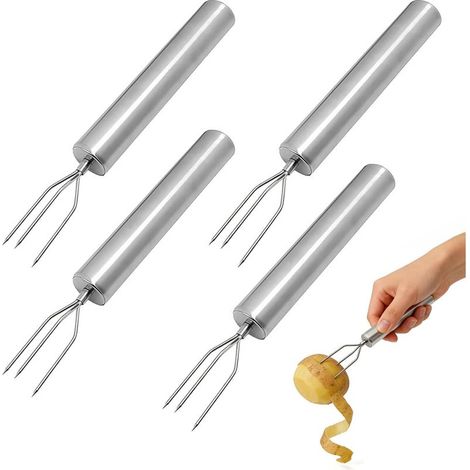 Lot de 4 fourchettes à pommes de terre en acier inoxydable avec 3 dents, fourchettes pratiques pour légumes et épis de maïs, aide à l'épluchage robuste, réutilisable pour barbecue de camping en (1/5)