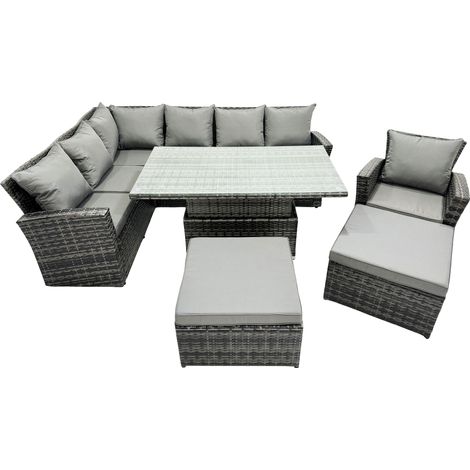 Fimous Poly Rattan Outdoor Patio Height Adjustable Rising Lifting Table Corner Sofa Set with 2 Big Stool,Chair for Garden Backyard Dark Grey Mixed (1/5)