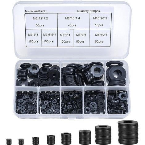 500 Stück Nylon-Unterlegscheiben, isolierte Unterlegscheiben, runde Dichtung, Dichtungsrohr-Sortiment-Set, M2/M2,5/M3/M4/M5/M6/M8/M10 (schwarz) FLITI (1/4)