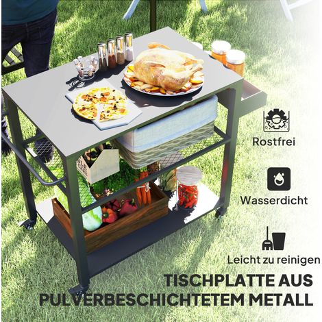 Îlot de cuisine extérieur, chariot barbecue avec étagère de rangement, poignée, 4 roulettes, meuble de jardin terrasse, en métal noir (1/4)