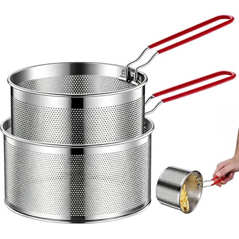2 Pièces Panier Friteuse, 18 cm et 20 cm Passoire à Frire  Panier a Frite en Acier Inoxydable, Passoire Pates avec Manche Amovible, pour Friture, Blanchiment, Rinçage (1/5)