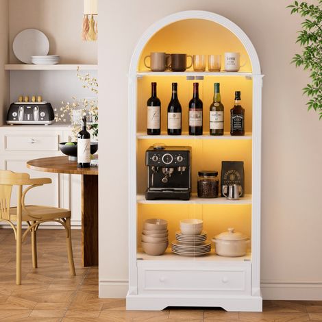 Vetrina 80x35x180 cm con ante in vetro temperato, LED tricolore, ripiani aperti, MDF e vetro - bianco (1/5)