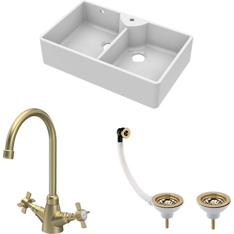 Fireclay 895mm Double Bowl Butler Kitchen Sink Bundle - 1 Tap Hole Design with Wastes & Mono Tap - Brushed Brass (1/5)