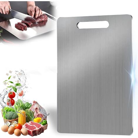 Tabla de cortar de acero inoxidable, 34 x 23 cm, apta para cortar carne, frutas y verduras (1 unidad) (1/5)