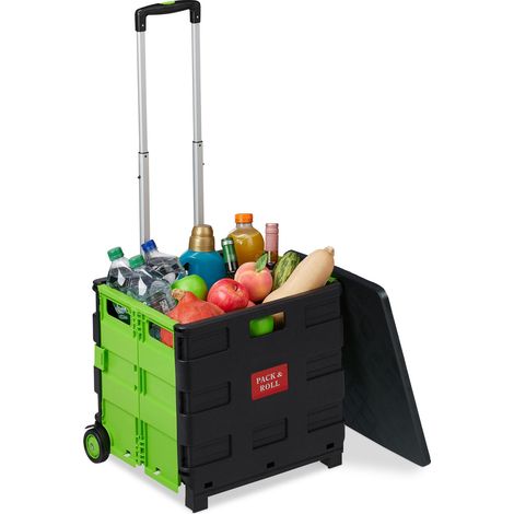 Relaxdays Shopping Trolley, Foldable, Up to 35 kg, 50 L, with Telescopic Handle, Transport Cart, 2 wheels, Green/Black