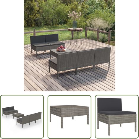 The Living Store Salon de jardin 6 pcs avec coussins résine tressée gris - Salon De Jardin - Mobilier De Jardin - Set De Jardin - Meubles D'extérieurs - Terrasse (1/5)