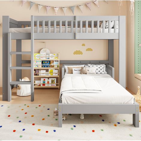Kinderbett-Set 90x200 cm grau aus Massivholz mit modularer Montage, Absturzsicherung und Lattenrosten (1/5)