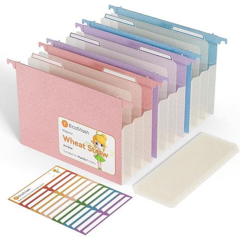 Dossiers Suspendus A4, en paille de blé, organiseur de dossiers suspendus avec onglets et inserts pour bureau, maison et école (lot de 3, Violet, Bleu, Rose) (1/5)