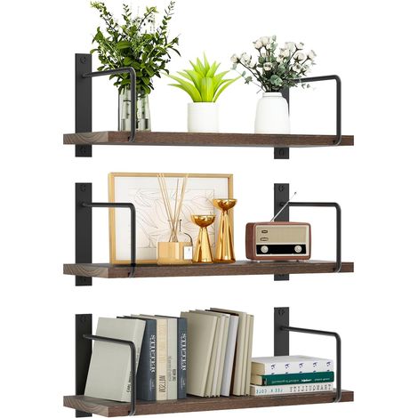 Etagere Murale Bois Lot de 3, Rustique Étagères Salle de Bain, Décoration et Rangement Tablettes Flottantes pour Salon, Cuisine, Chambre, Bureau (Brun) (1/5)