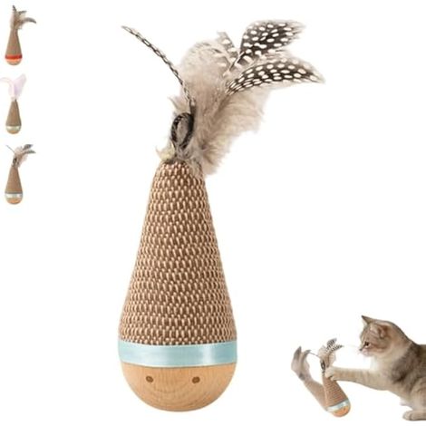 Jouet interactif en bois pour chat avec herbe à chat – Gobelet oscillant pour chat d'intérieur, chasseur auto-redressant avec plume d'orange – Jeu interactif en bois naturel pour chats d'intérieur (1/5)