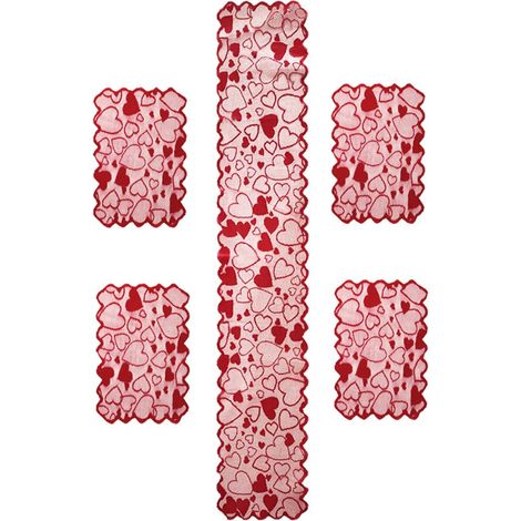 Juego de 5 piezas de manteles individuales/camisetas para el Día de San Valentín con motivo de encaje rojo en forma de corazón (1/5)