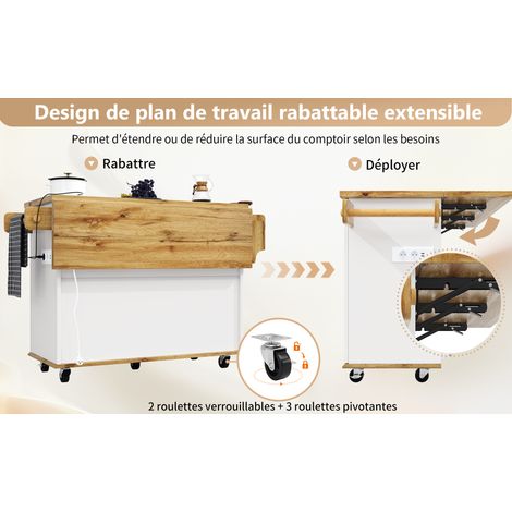 Ensemble chariot de cuisine mobile avec 2 tabourets de bar, rangement, prise électrique et finition blanc bois (1/5)