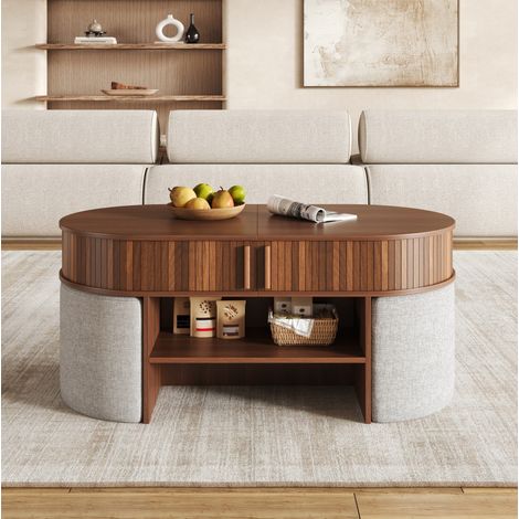 Table basse ovale 120x60x51,5 cm avec rangements et tabourets, MDF et panneau de particules, noyer (1/5)