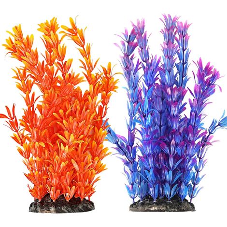 Lot de 2 plantes artificielles d'aquarium - Orange et bleu foncé - Plantes aquatiques en plastique pour mini étang et bassin à poissons - 25 cm - Plantes décoratives