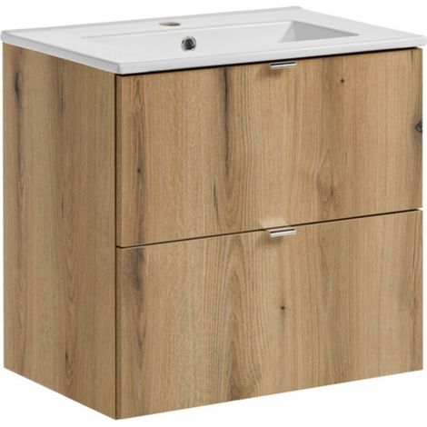 Set da bagno sospeso VANO effetto quercia 60cm: mobile con cassetti sottolavabo + lavabo incassato