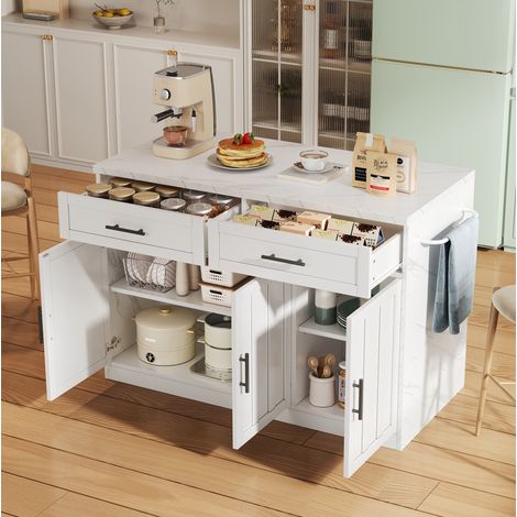 Kücheninsel 120/60/91 cm in Weiß mit Steckdosen, USB, Marmoroptik und Bartheke (1/5)