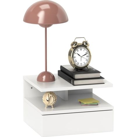 Table of bedside suspended with drawer and shelf in wood, 35 x 32 x 22,5 cm, white (1/5)