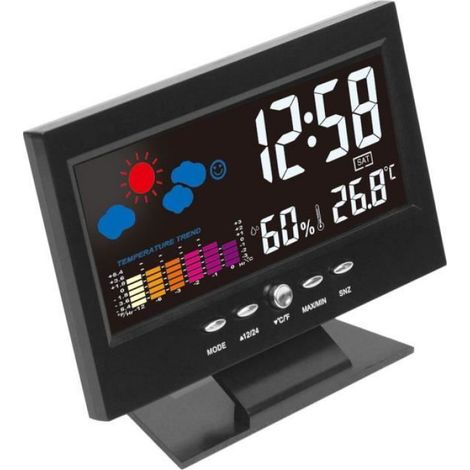 Horloge Météo - Affichage Température Humidité Heure - Écran LCD Numérique - Alimentation 2 Piles AAA - Dimensions 156 x 96 x 40 mm - Noir (1/4)