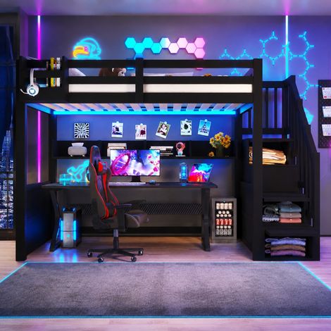 Cama alta infantil 90x200 cm con escalera de almacenaje, LED y armario, negra OKMYHOME (1/5)