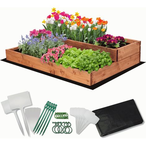 MODO24 Carré potager surélevé en bois, 2 niveaux en cascade, 18x90x63 cm, jardin/terrasse, kit jardinier inclus, brun imprégné