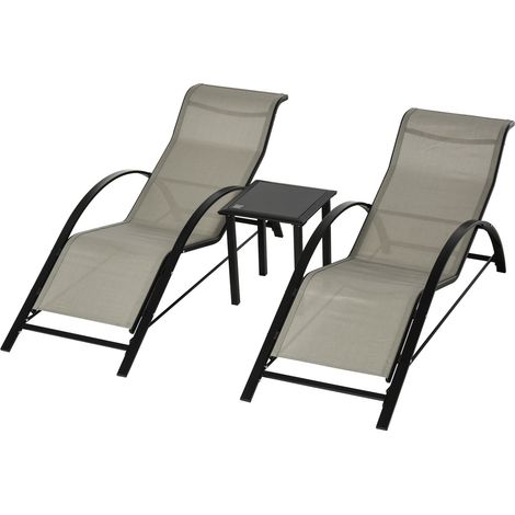 3-Tlg. Gartenliege Mit Tisch Gartengarnitur Mit 2 Sonnenliegen, 1 Beistelltisch Gartensitzgruppe Gartentischset Metall Mesh Grau+Schwarz